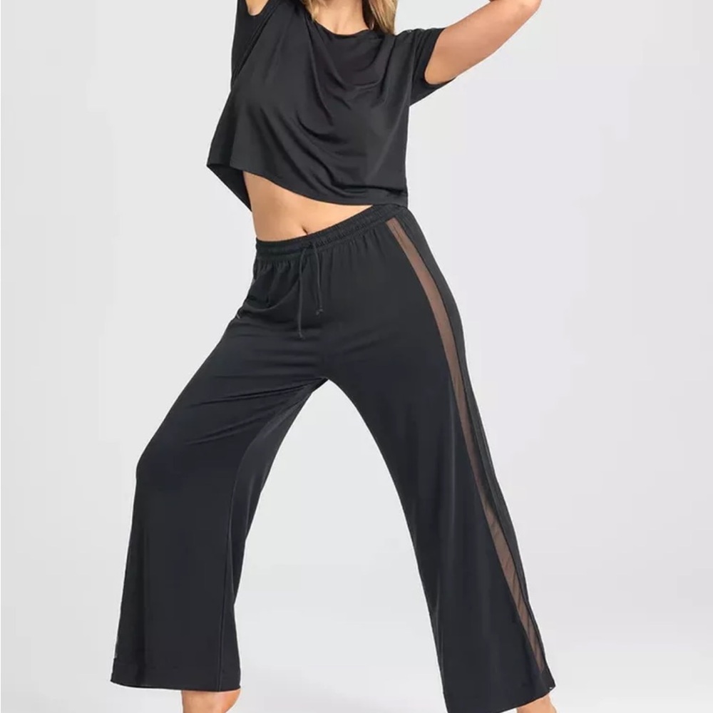 Honeylove BlissWear Pant 1X Pull On Black Sheer Leg Panel Wide Leg Sweatpant